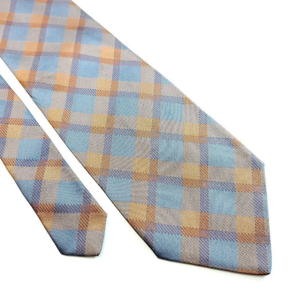 Anselmo Dionisio Orange Blue Plaid Woven Wide Silk Tie